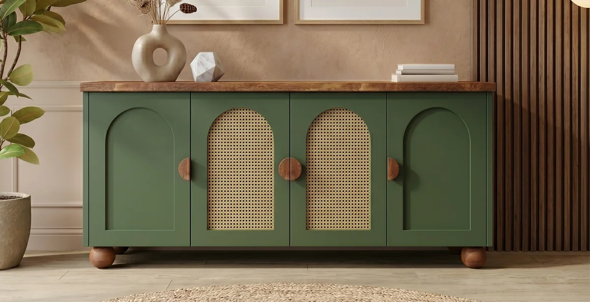 Doğal Dokulu Hasır Detaylı Bohem Konsol - Kıymık Home