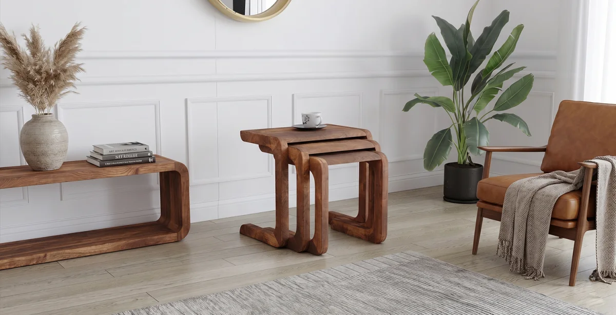 Doğal Ahşap Ceviz Zigon Sehpa Takımı - Kıymık Home